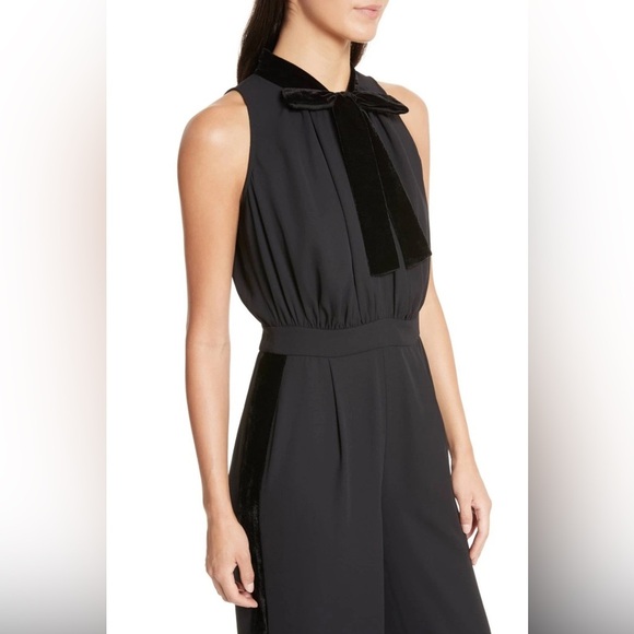 KATE SPADE Black Velvet Trim Bow Tie Neckline Wide Crop Pants Jumpsuit 0 - Picture 2 of 14